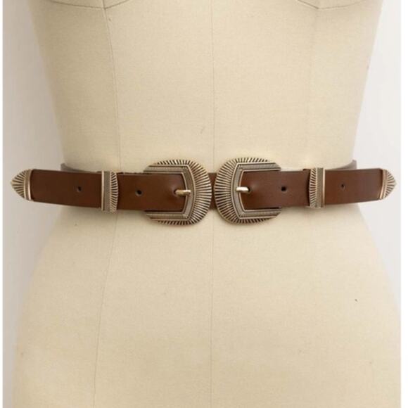 Double Buckle Vegan Leather Western Style Belt Dark Camel Brown - Picture 1 of 2